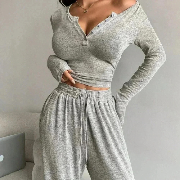 Light Grey Casual Women's Solid Color Button Long Sleeve T-Shirt And Pants Set - Picture 1 of 7